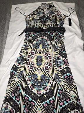 attention Black Multi Geometric Halter Maxi Dress with Belt